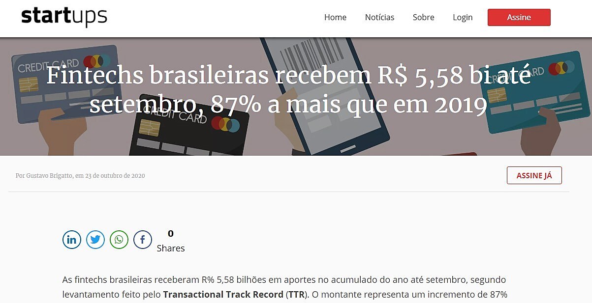 Fintechs brasileiras recebem R$ 5,58 bi at setembro, 87% a mais que em 2019